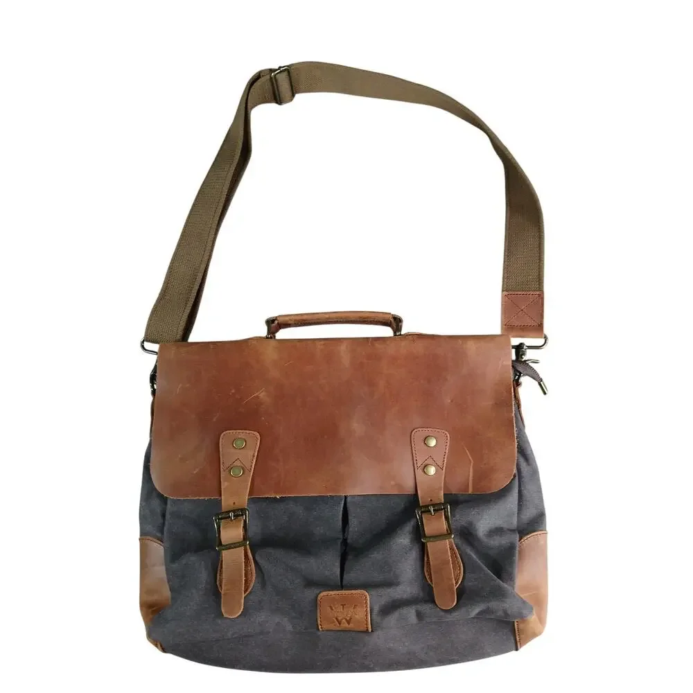 Wowbox Messenger Bag Mens Brown Canvas Leather Large Distressed
